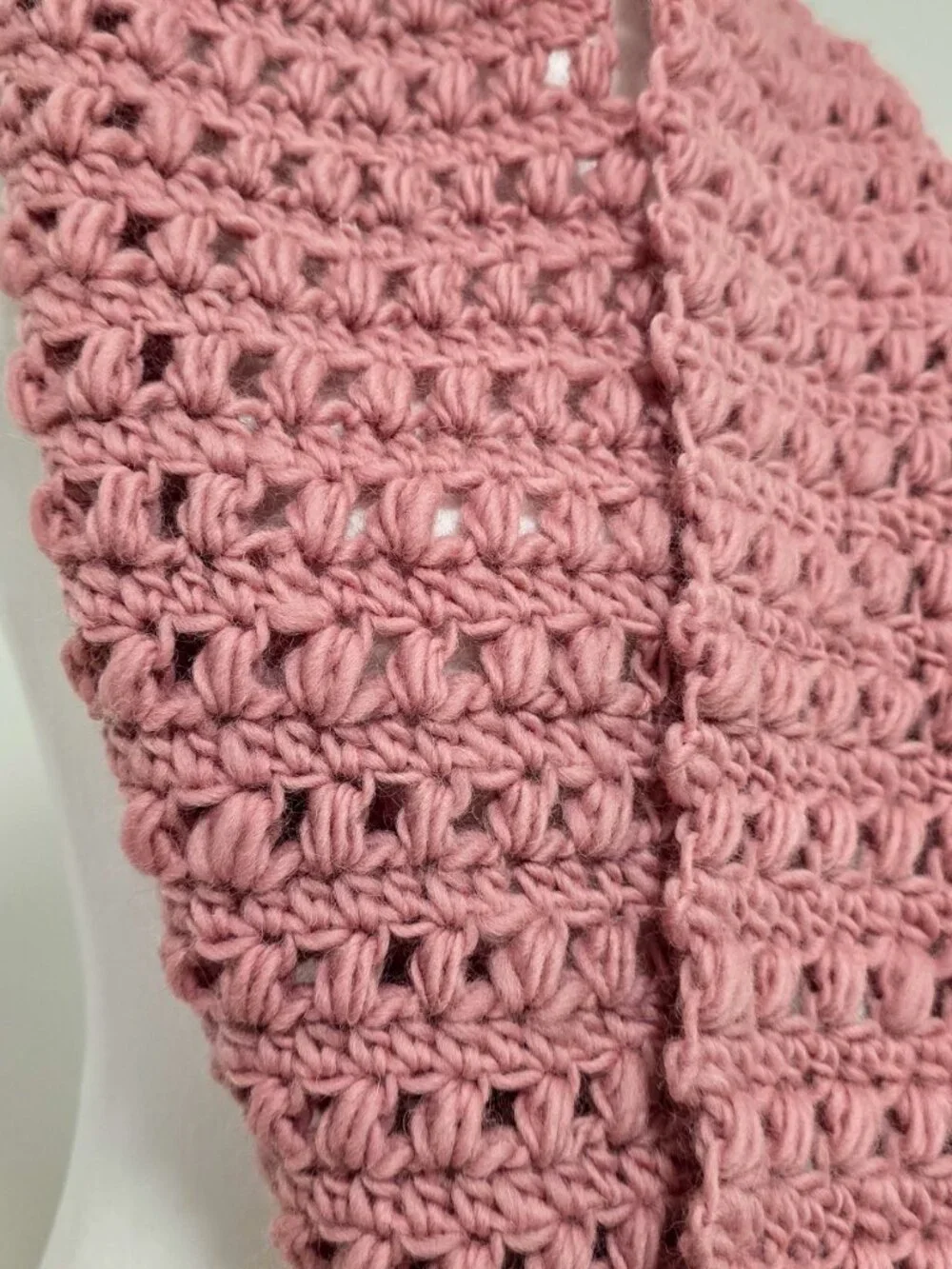 Handmade 100% Wool Crochet Infinity Scarf | Dusty Rose Puff Stitch Cowl